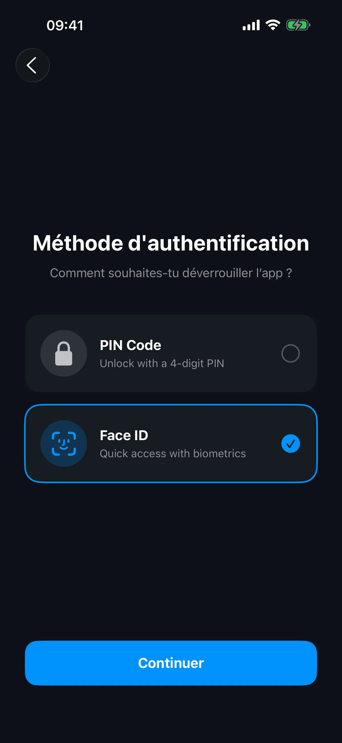 Écran AppLocker présentant les choix d’authentification Face ID et code PIN