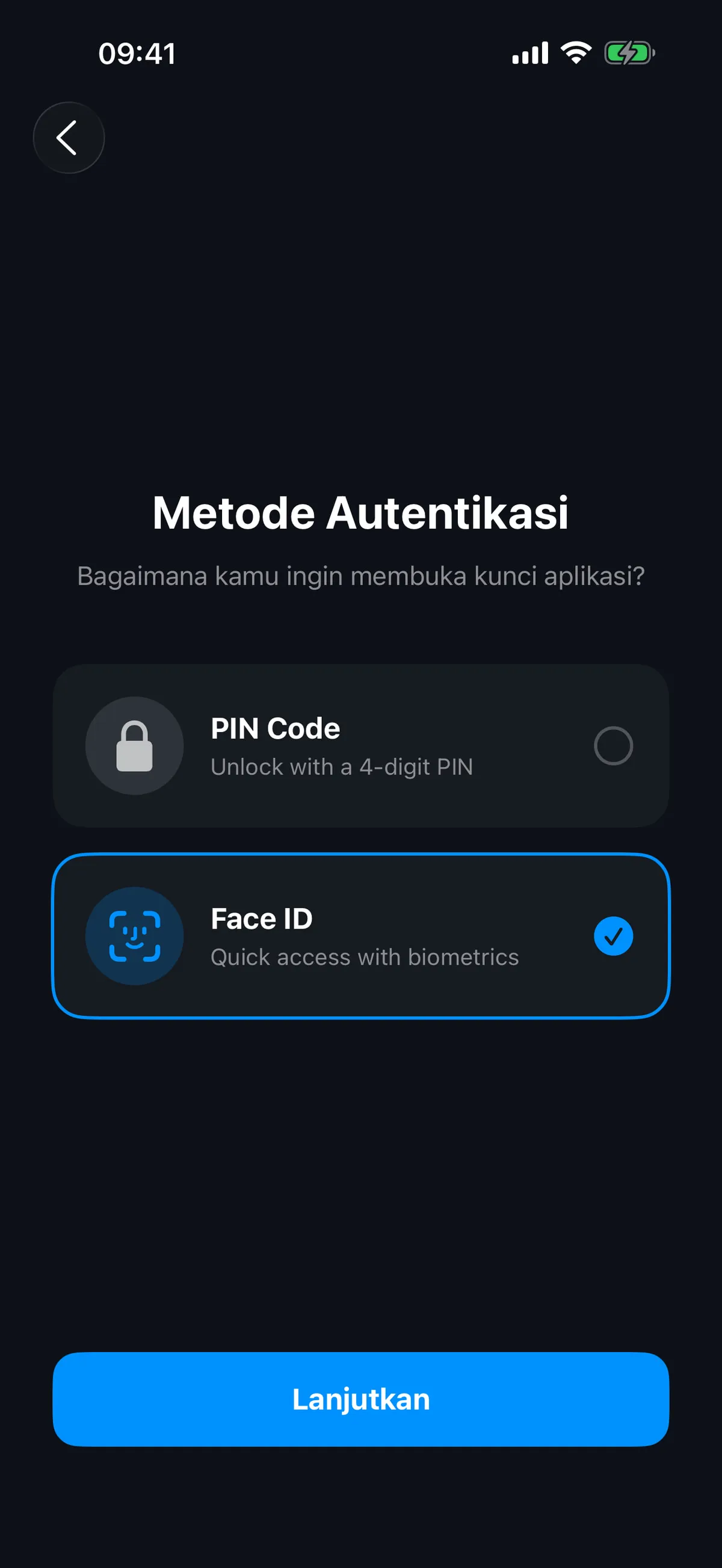 Layar AppLocker yang menampilkan pilihan autentikasi Face ID dan PIN
