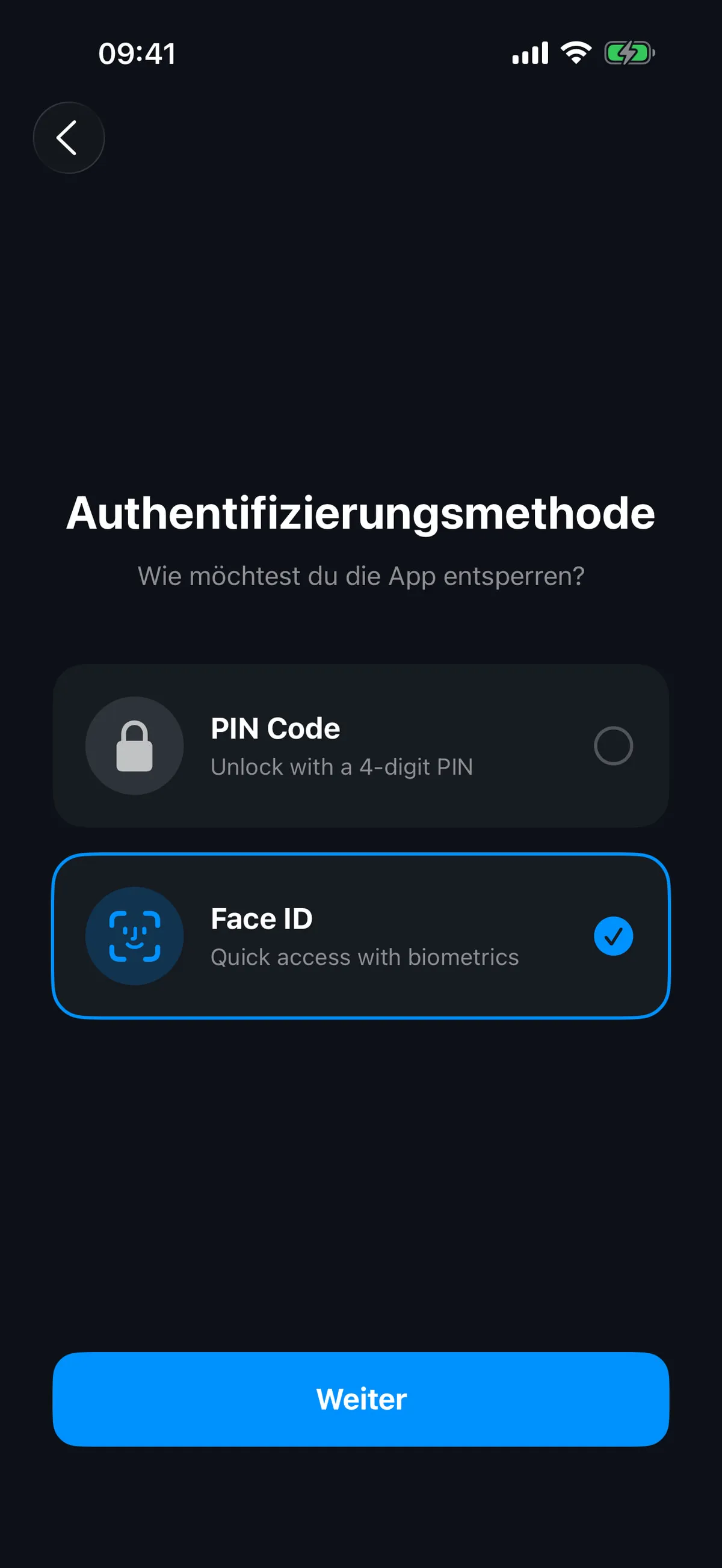 AppLocker-Bildschirm mit Auswahl für Face ID und PIN