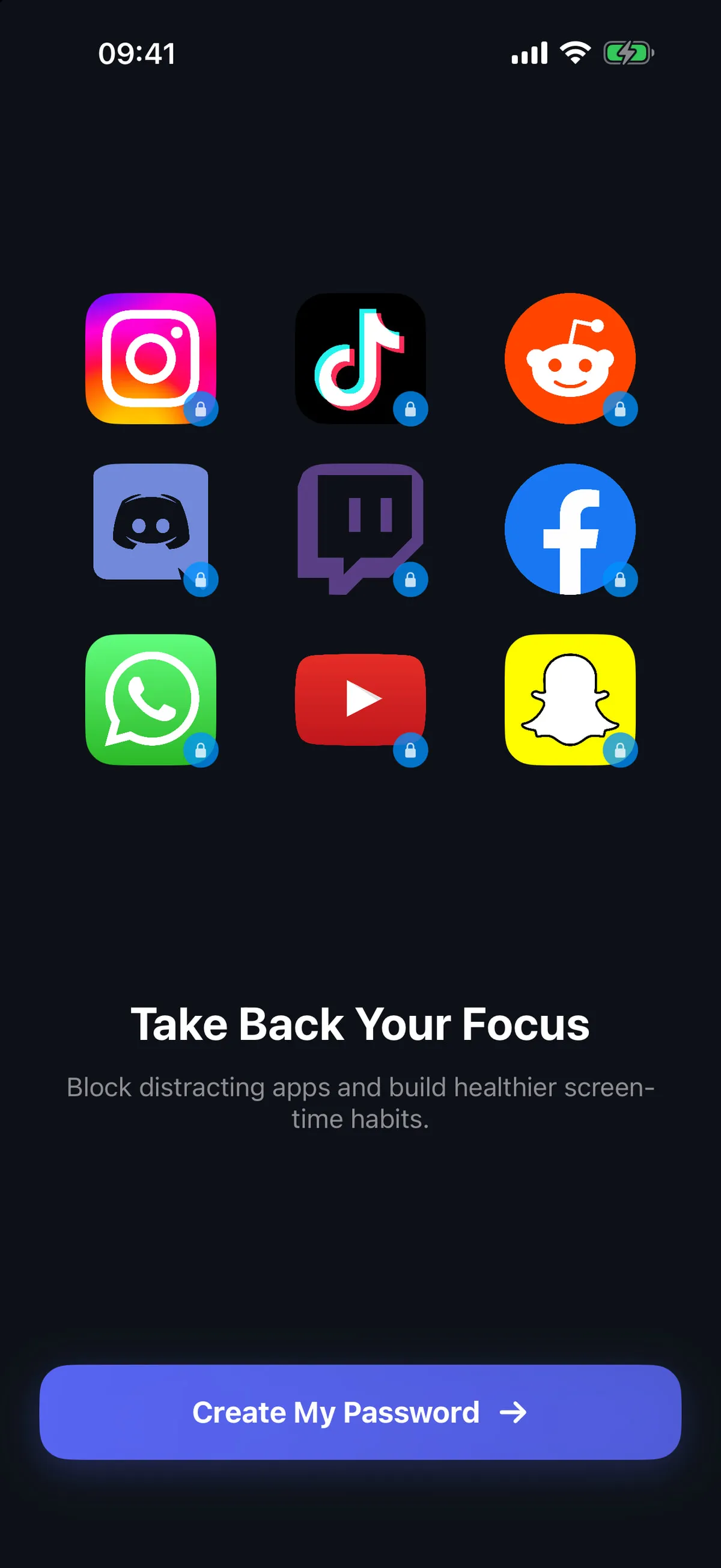 AppLocker welcome screen showing nine social app icons with blue lock badges